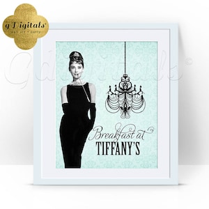 Breakfast at poster, Audrey Hepburn wall art decorations, Bridal shower party theme supplies, 8x10 {Arabesque-Pattern Blue}