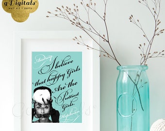 Breakfast themed table quote signs with Audrey Hepburn Quote: Happy Girls are the prettiest 5x7