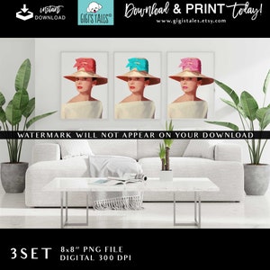 Audrey Hepburn Graphics Clipart Vintage Hat Clipart/Sublimate 8x8&quot; PNG File SET of 3 Wall Art/DIY