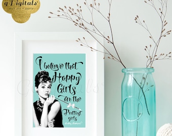 Audrey Hepburn Quote Happy girls party favor quote signs/ Audrey favor quotes/ breakfast at party supplies 5x7 {Blue}