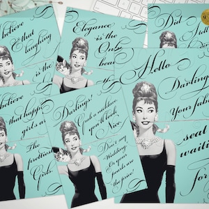 Audrey Hepburn Party Printable Sign Quote / Bridal Shower / Breakfast at Party Decorations / welcome Set of 6 {Turquoise Blue Background}