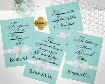 May include: Four rectangular light blue cards featuring black cursive text, white ribbon graphics with bows, and the text BRIDE & CO. The cards display quotes about friendship, elegance, and happiness. A gold logo with the text gDigitals is visible.
