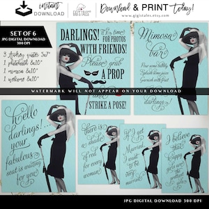Breakfast at Tiffany&#39;s Bridal Shower Party Package. Photo Booth Sign/Welcome Sign/Mimosa Bar Sign & 3 Audrey Quotes. Set of 6