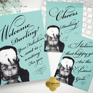 Breakfast at Bridal Shower Decorations Welcome Sign/ Cheers Darling table decor/ Audrey Hepburn Instant Download Party Supplies {Set of 3