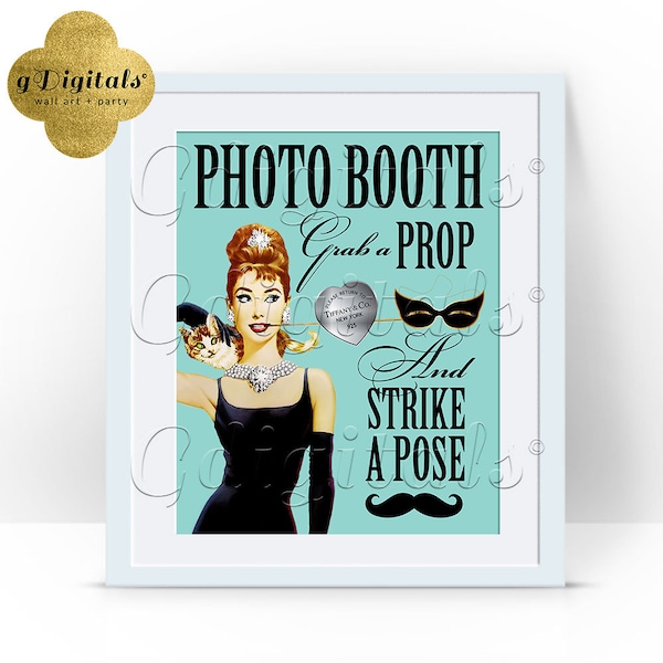 Audrey Hepburn Photo Booth Sign/ Party Supplies/ Printable Bridal Shower/ Birthday/ Sweet Sixteen 16/ Grab a prop/ 8x10" Instant Download