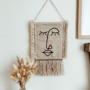 one line face, minimal women face line, abstract face, one line face embroidered, embroidery tapestry, woven wall hanging, embroidery decor image 2