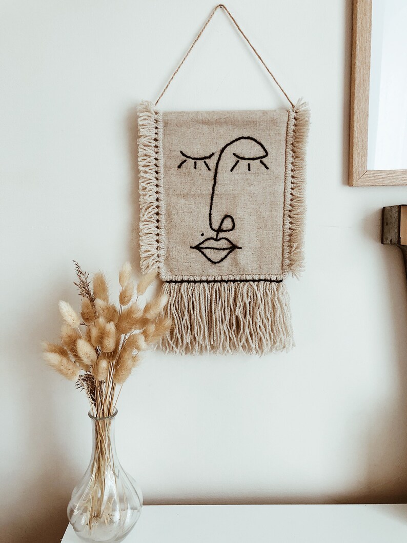 one line face, minimal women face line, abstract face, one line face embroidered, embroidery tapestry, woven wall hanging, embroidery decor image 2