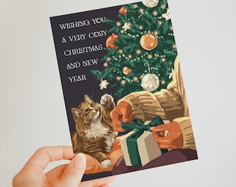 Lot de 5 cartes de Noël chat - Nous vous souhaitons un Noël et un Nouvel An très douillets - Lot de 5