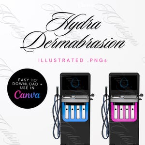 May include: Illustration of two black Hydra Dermabrasion machines with blue and pink accents. The machines have a screen, hoses, and a compartment with white cylinders. Text includes "Hydra Dermabrasion" and "Illustrated .PNGs".