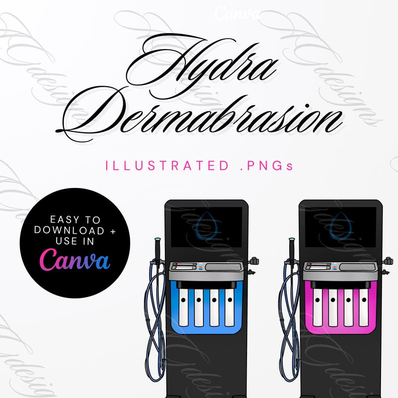 May include: Illustration of two black Hydra Dermabrasion machines with blue and pink accents. The machines have a screen, hoses, and a compartment with white cylinders. Text includes "Hydra Dermabrasion" and "Illustrated .PNGs".