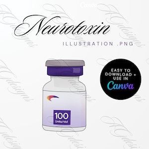 May include: An illustration of a vial labelled "Neurotoxin." The vial has a purple cap and a white label with the text "100 Units/vial." A black circle with the text "EASY TO DOWNLOAD + USE IN Canva" is on the right.