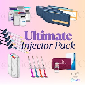 Ultiem injectorillustratiepakket | Spuit met neurotoxine, huidvuller en biostimulator, png Bundel met esthetische canva-inhoud