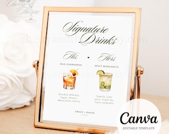 Wedding Bar Menu Template | Minimalist Signature Drinks Sign | His and Hers Cocktail Sign | Editable Canva Template | Instant Download