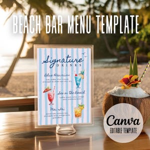 May include: A clear acrylic sign displays a beach bar menu template with the text "Beach Bar Menu Template" at the top. The menu features signature drinks like Blue Hawaiian and Sex on the Beach, with illustrations of the cocktails. A coconut with a flower and straw sits to the right.