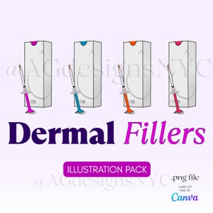 May include: Four white boxes with colorful tops and a syringe coming out of the top of each box. The boxes are labeled "Dermal Fillers".