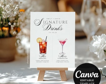Wedding Bar Menu Template: Signature Cocktails Sign (Canva Editable, Printable Digital Download
