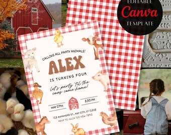 Invito di compleanno con animali da fattoria: festa in fattoria a quadretti rossi (modello Canva)