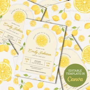 Pacote de modelos para chá de bebê com limão espremido | Convite com tema cítrico, sorteio de fraldas, cartão-livro e agradecimento | Editável no Canva
