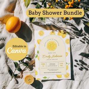 Main Squeeze Lemon Baby Shower Template Bundle | Citrus Theme Invitation, Diaper Raffle, Book Card & Thank You | Editable on Canva