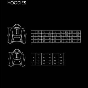 May include: Size chart for hoodies in centimeters. The chart shows measurements for chest, length, and sleeve length for sizes XS to 4XL.