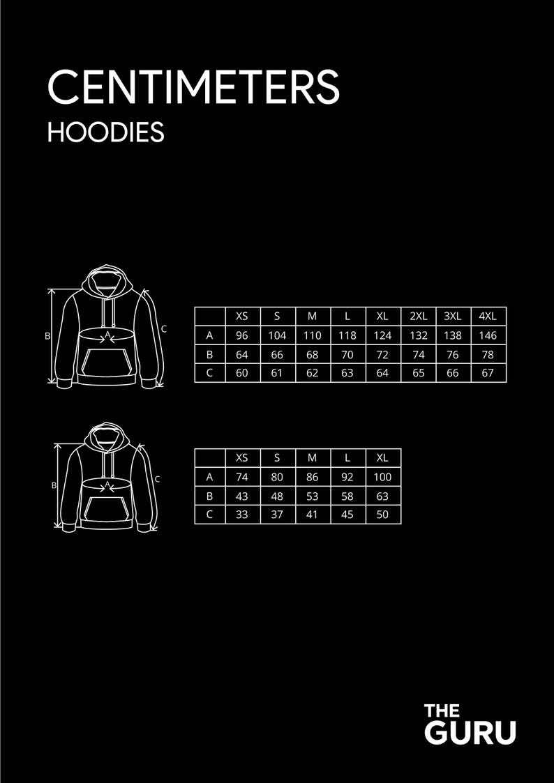 May include: Size chart for hoodies in centimeters. The chart shows measurements for chest, length, and sleeve length for sizes XS to 4XL.