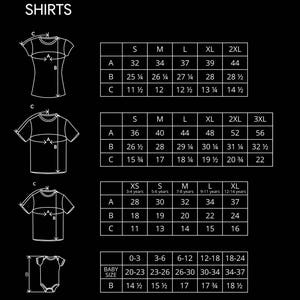 May include: A chart showing shirt size measurements in inches for different sizes, including XS, S, M, L, XL, 2XL, and 3XL. The chart also includes measurements for baby sizes.