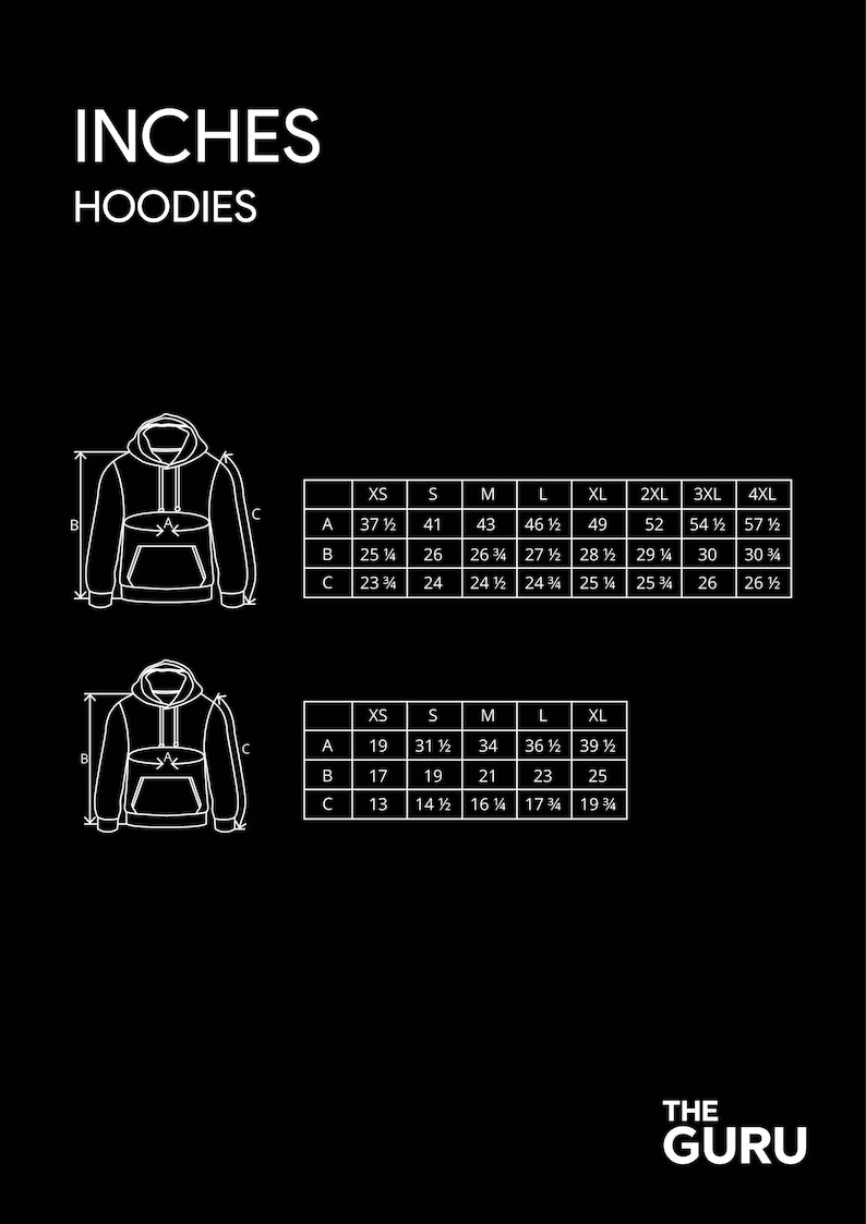 May include: A size chart for hoodies in inches. The chart shows the measurements for the length, width, and sleeve length of hoodies in sizes XS to 4XL.