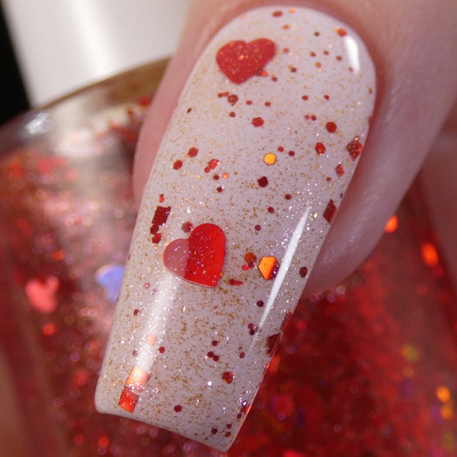 Red Nail Polish Topper With Gold Shimmer and Red Heart Shaped Glitter  Strawberry Heart.208 