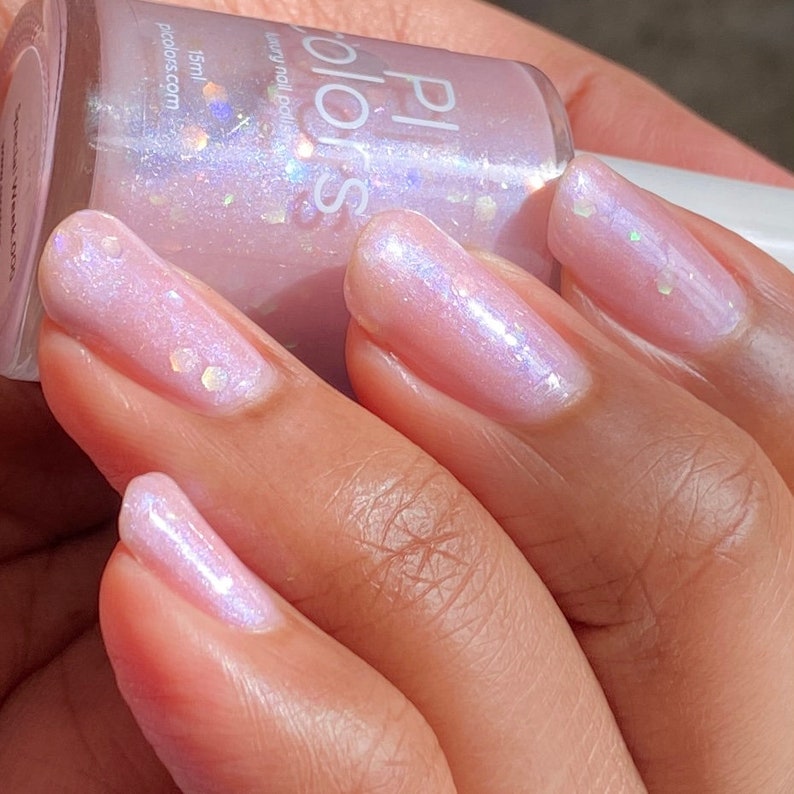 Pale Pink Nail Polish with Rainbow Flakies and Iridescent Glitter Special Week.000 image 3