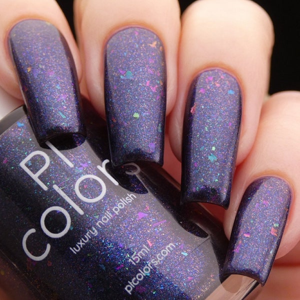 Dark Blue Nail Polish with Purple Undertone, Rainbow Flakies and Shimmer | Silence Suzuka.000