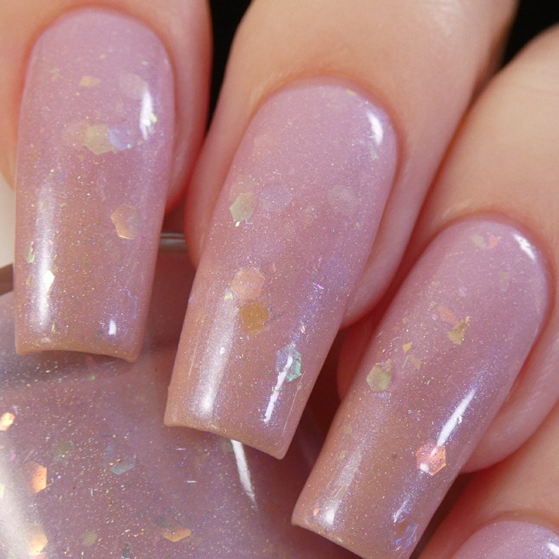 Pale Pink Nail Polish with Rainbow Flakies and Iridescent Glitter Special Week.000 image 9