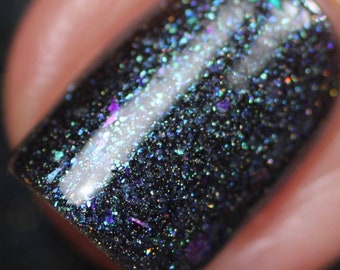 Black Nail Polish with Diamond Holographic Shimmer and Blue, Green Micro Flakies | Starry Abyss.101