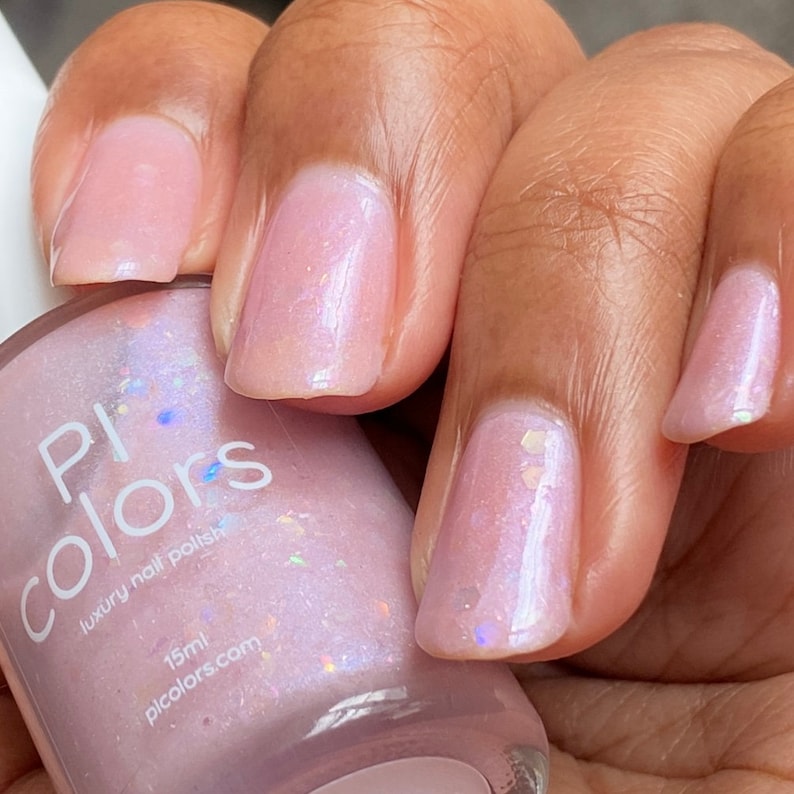 Pale Pink Nail Polish with Rainbow Flakies and Iridescent Glitter Special Week.000 image 2