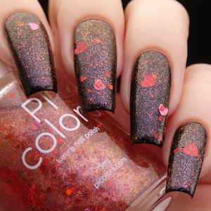 Red Nail Polish Topper with Gold Shimmer and Red Heart Shaped Glitter | Strawberry Heart.208