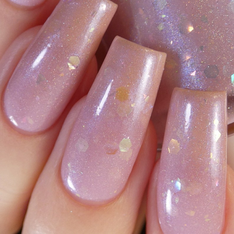 Pale Pink Nail Polish with Rainbow Flakies and Iridescent Glitter Special Week.000 image 7