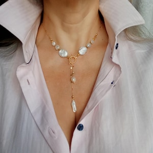 Freshwater pearl necklace white bridal jewelry Baroque pearl necklace gift for her gold filled chain necklace coin pearl beads necklace