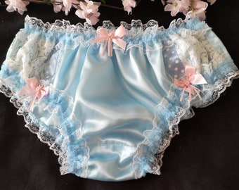 Sissy Lingerie Soft satin big silky panties Blue lovely silky everyday sissy wear to 38 waist