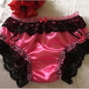 Hot Pink/Black Trim Satin Sissy Panties- Girly Bikini Knickers - Medium to XXL