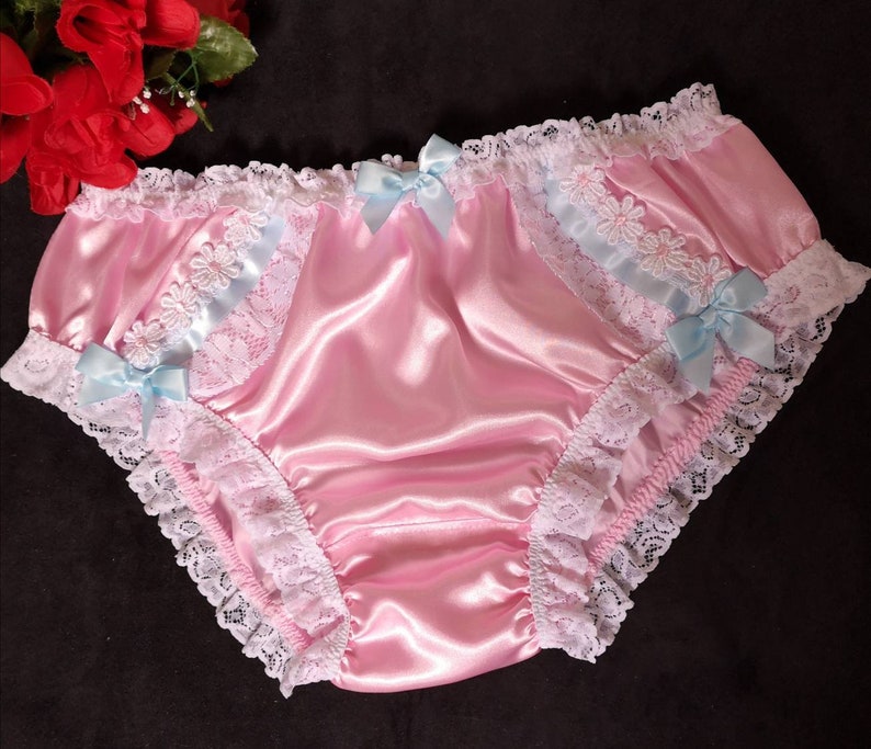 Baby Pink or Baby Blue Bikini Panties/Sensually Soft Satin Sissy Knickers - #LaceRibbon&Bows - Made to Order - Medium up to XXL 