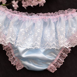 Baby Blue Satin Bikini Panties Pink Trim Embroidered Tulle Lace Skirt ...