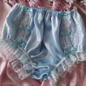 Baby Blue Vintage Style Soft Satin Sissy Panties - Side Lace Detailing - #RibbonLaceBows Made to Order - Medium up to Extra Extra Large