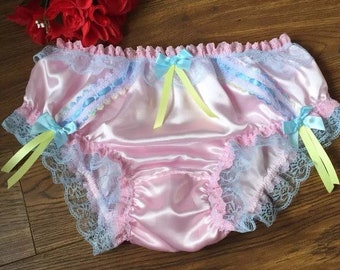 Candy Pink Girly Bikini Panties/Satin Sissy Knickers - Lace,Ribbon&Bows - MED - XXL