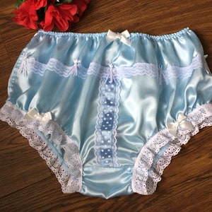Baby Blue Satin Full Panties/Silky Soft Sissy Knickers - Ribbon,Lace&Bows - MEDIUM TO XXL