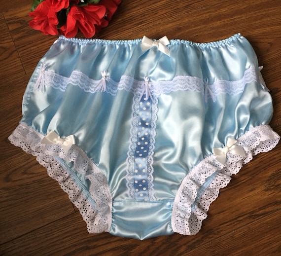 Baby Blue Satin Full Panties/silky Soft Sissy Knickers Ribbon,lace&bows  MEDIUM TO XXL 