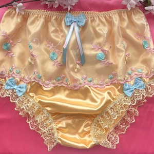 LARGE- Sunshine Yellow Vintage Style Full Panties- Sensually Soft Satin Knickers - Tulle Lace Front Detail. Measurements in item Description