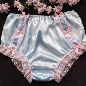 Baby Blue Satin Fuller Fit Panties/Sensually Soft Sissy Knickers - Polka Dot and Lace Sides Detail - Made to Order - Medium up to XXL