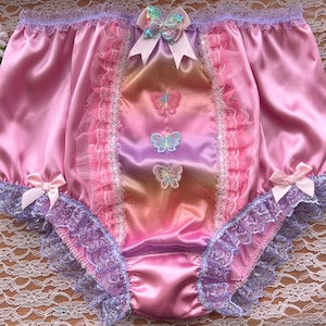 LARGE- Baby Pink Sissy Knickers/Full Fit Panties - Sparkly Front Lace and Sequins. Butterfly Motifs. Measurements in Item Description.