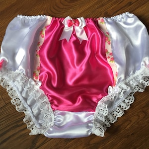 Braut Weiß/Cerise Rosa Front Panel- Full Style Satin Höschen - Seidig Weicher Sissy Knickerbocker-Made To Order - Medium - XXL
