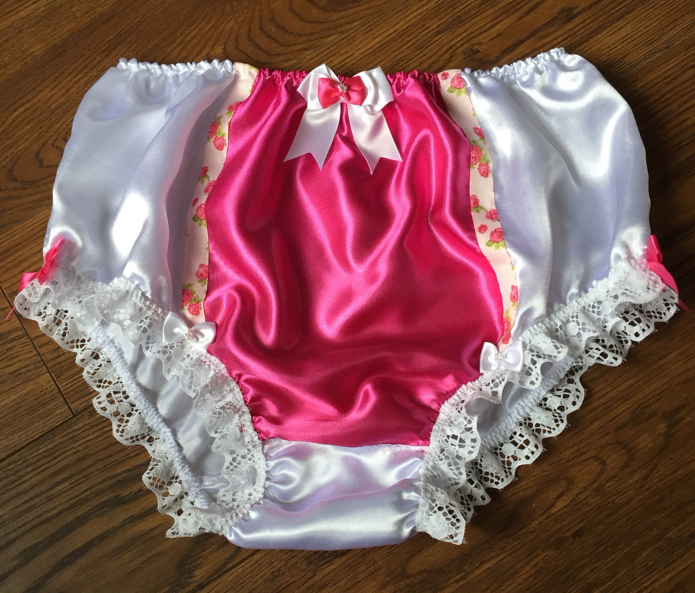 Bridalwhite/cerise Pink Front Panel Full Style Satin Panties Silky Soft Sissy  Knickers made to Order Medium XXL 