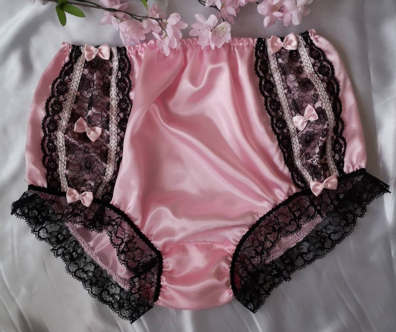 Pink Satin Lace French Knickers Underwear Sissy Satin Panties Size 26 19 